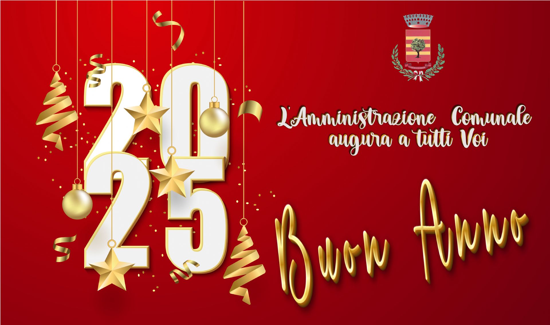 Sfondo rosso con la scritta 2025 e auguri dell'Amministrazione comunale ai cittadini di buon Anno