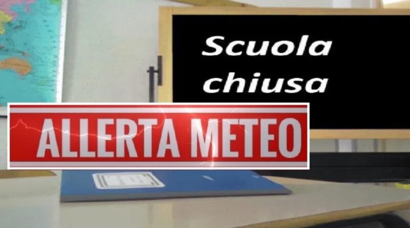 Immagine che rappresenta un aula con la scritta su una lavagna "scuola chiusa" e un banner centrale rosso con la scritta "ALLERTA METEO"