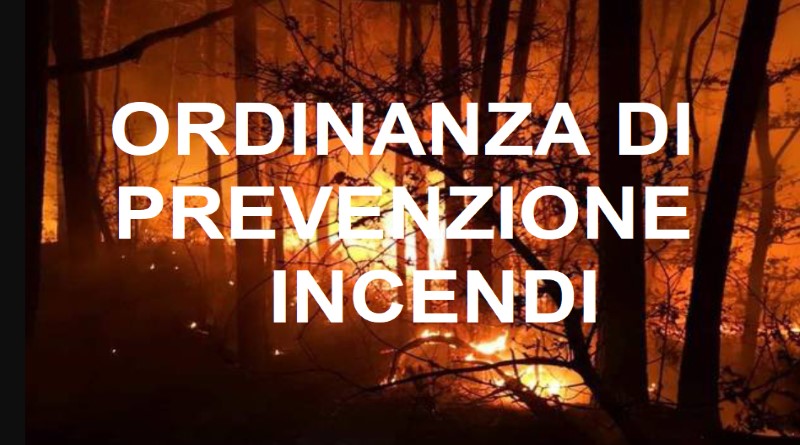 Bosco in fiamme di notte e scritta bianca che riporta la dicitura "ordinanza di prevenzione incendi"