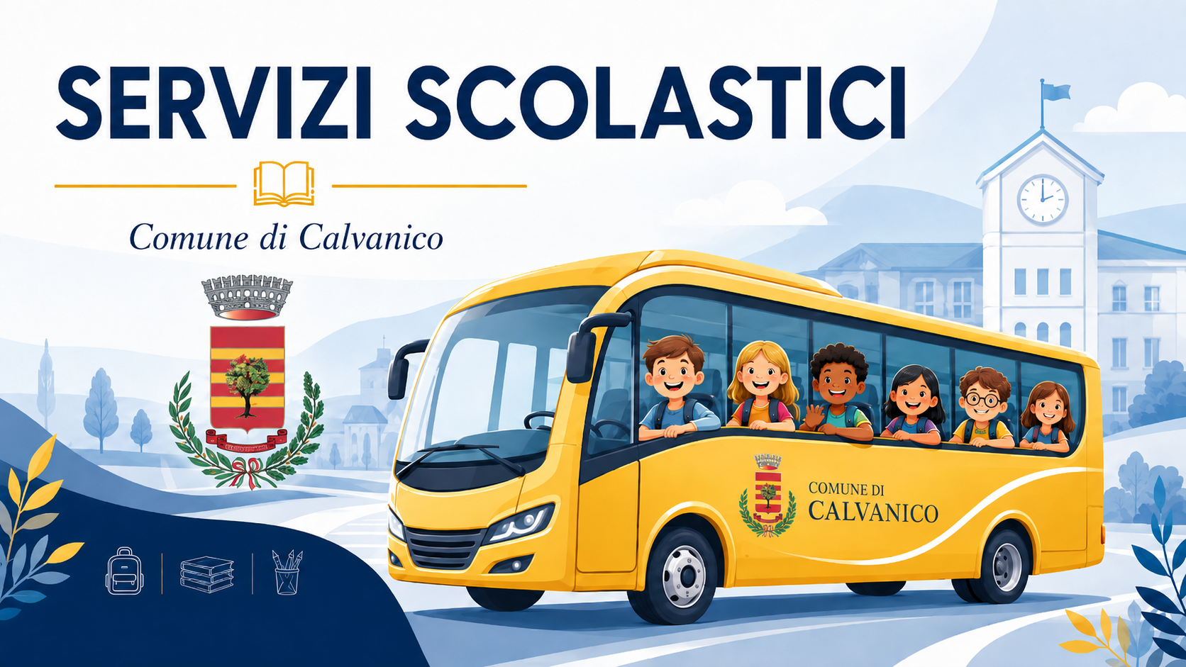 Autobus di colore giallo con bambini che salutano